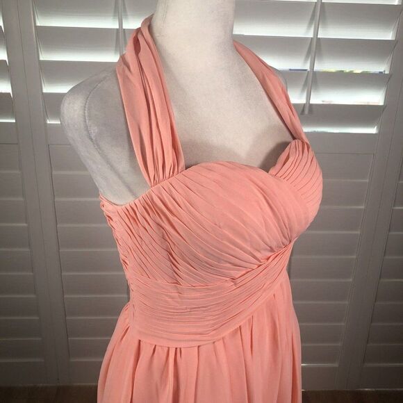 Peach Chiffon Cocktail Dress 6 Bridesmaid Homecoming Pleated Bodice Halter - Picture 6 of 11